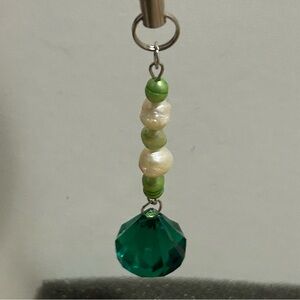 Green diamond charm and pearl beaded keychain, bag charm, or cellphone charm